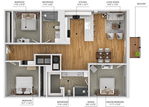 Floor plan for 3 beds, 2 baths, 1389 sqft